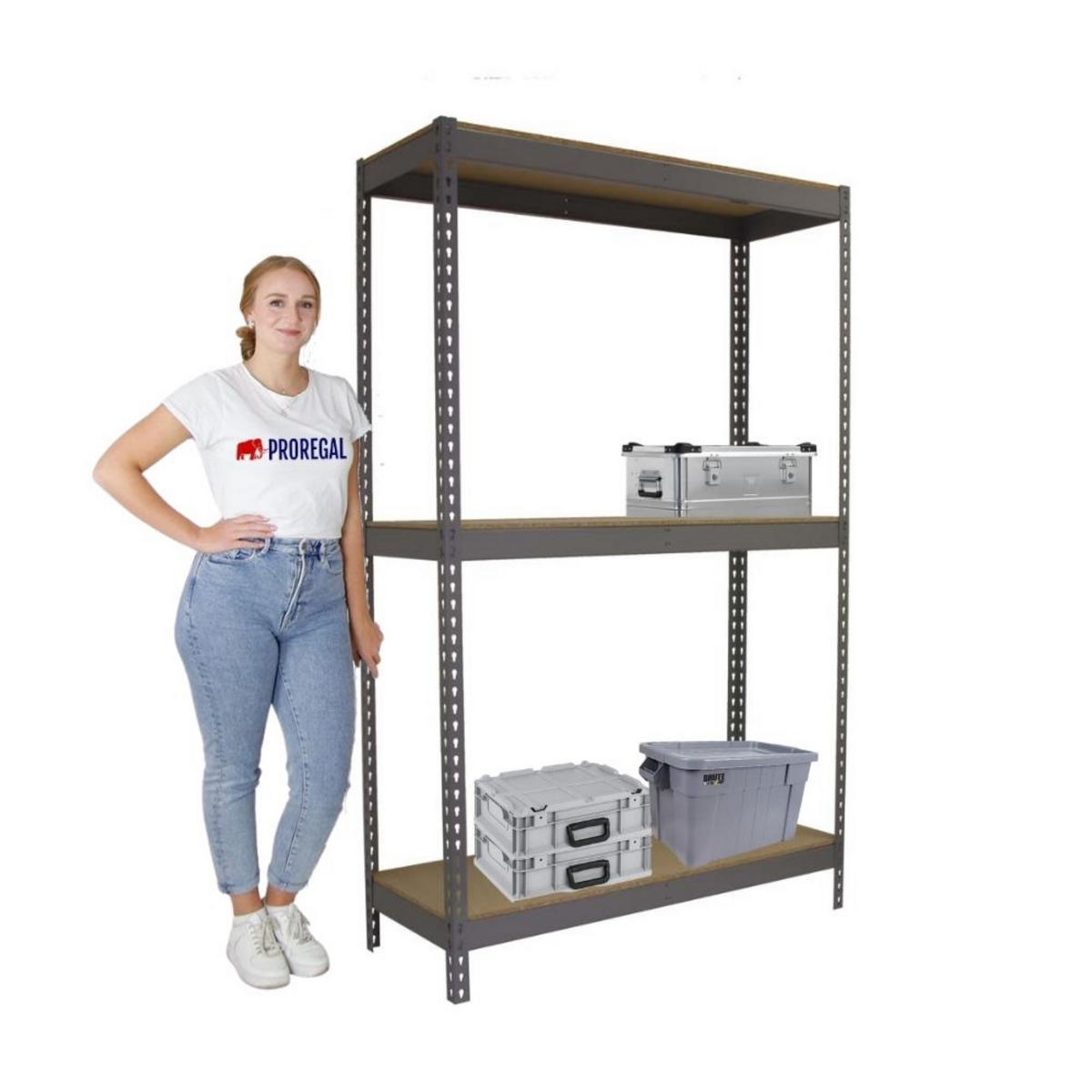 SCHWERLASTREGAL Wood Beast Three HxBxT 200 x 240 x 90 cm 3 Ebenen Fachlast 400 kg Grau - Grau, Metall (240/200/90cm) - PROREGAL