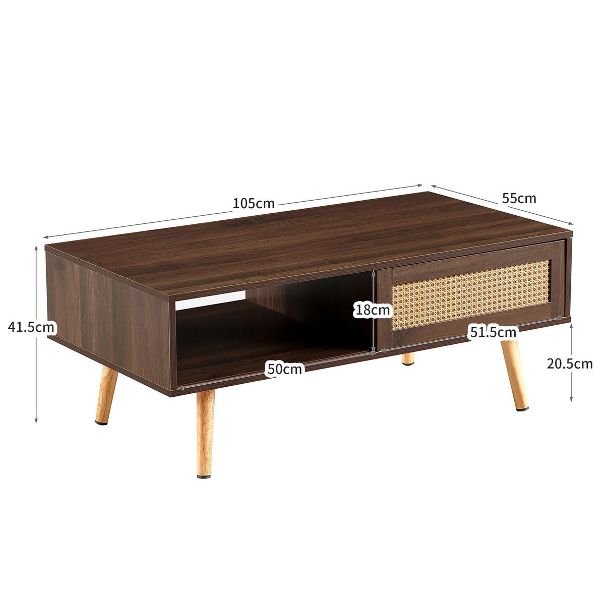 COUCHTISCH in Braun Korbgeflochtener Teetisch mit Schiebetüren für Wohnzimmer, B105/T55/H40cm - Naturfarben/Braun, Holzwerkstoff (55/105/40cm) - STILVORA
