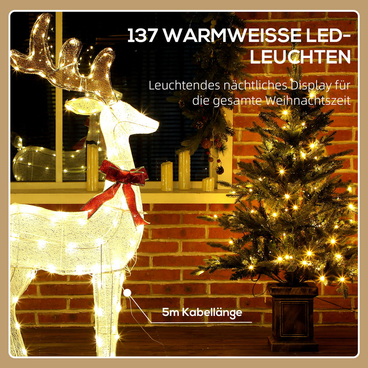 137ER LED Rentier, Weihnachtsdeko in warmweiß, Weihnachtsbeleuchtung - Silberfarben, Textil (25/135/66cm) - Outsunny