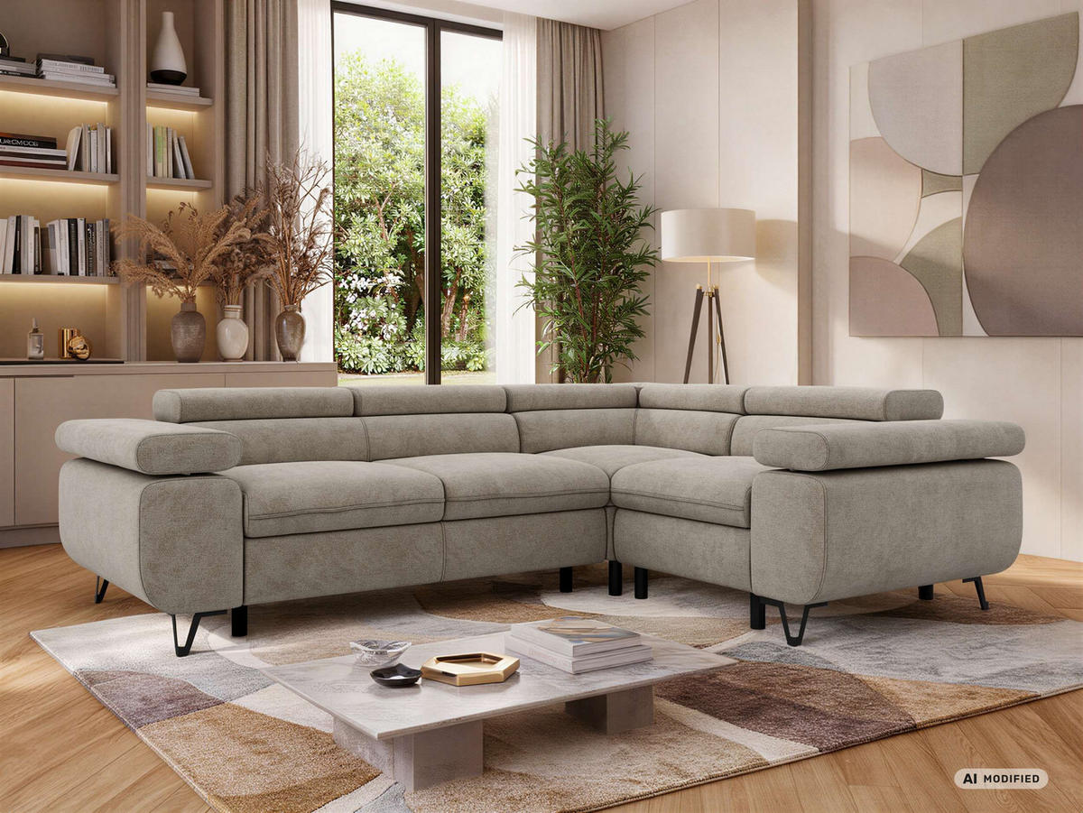ECKSOFA ORSO L Greige Stukture - Rechts Seite - Greige/Schwarz, Textil/Metall (268/197cm) - MKS
