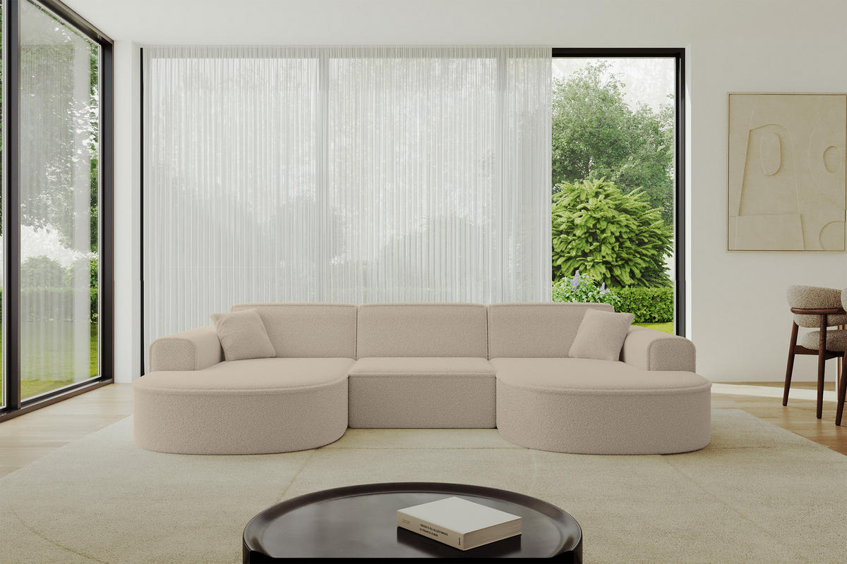 WOHNLANDSCHAFT MARI-U1 - 303x171x79 cm Dunkelbeige Bouclé - Hellbraun/Schwarz, Holzwerkstoff/Kunststoff (303/79/171cm) - ALTDECOR