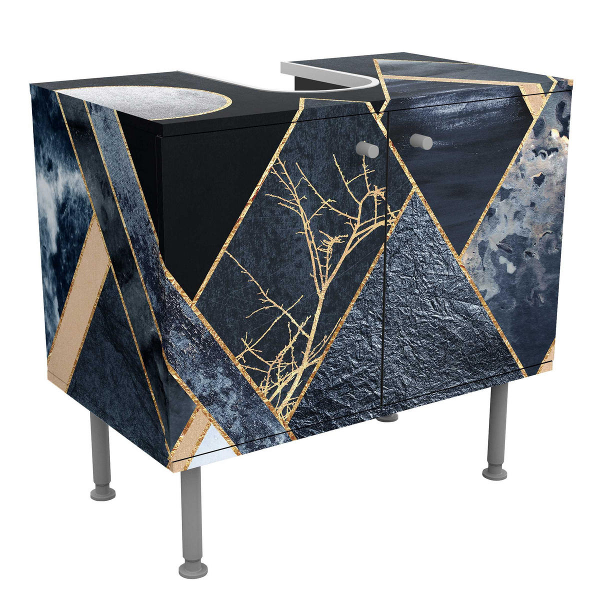 WASCHBECKENUNTERSCHRANK Goldener Mond abstrakte schwarze Berge 60/55/35 cm - Blau, Holzwerkstoff (60/55/35cm) - Bilderwelten