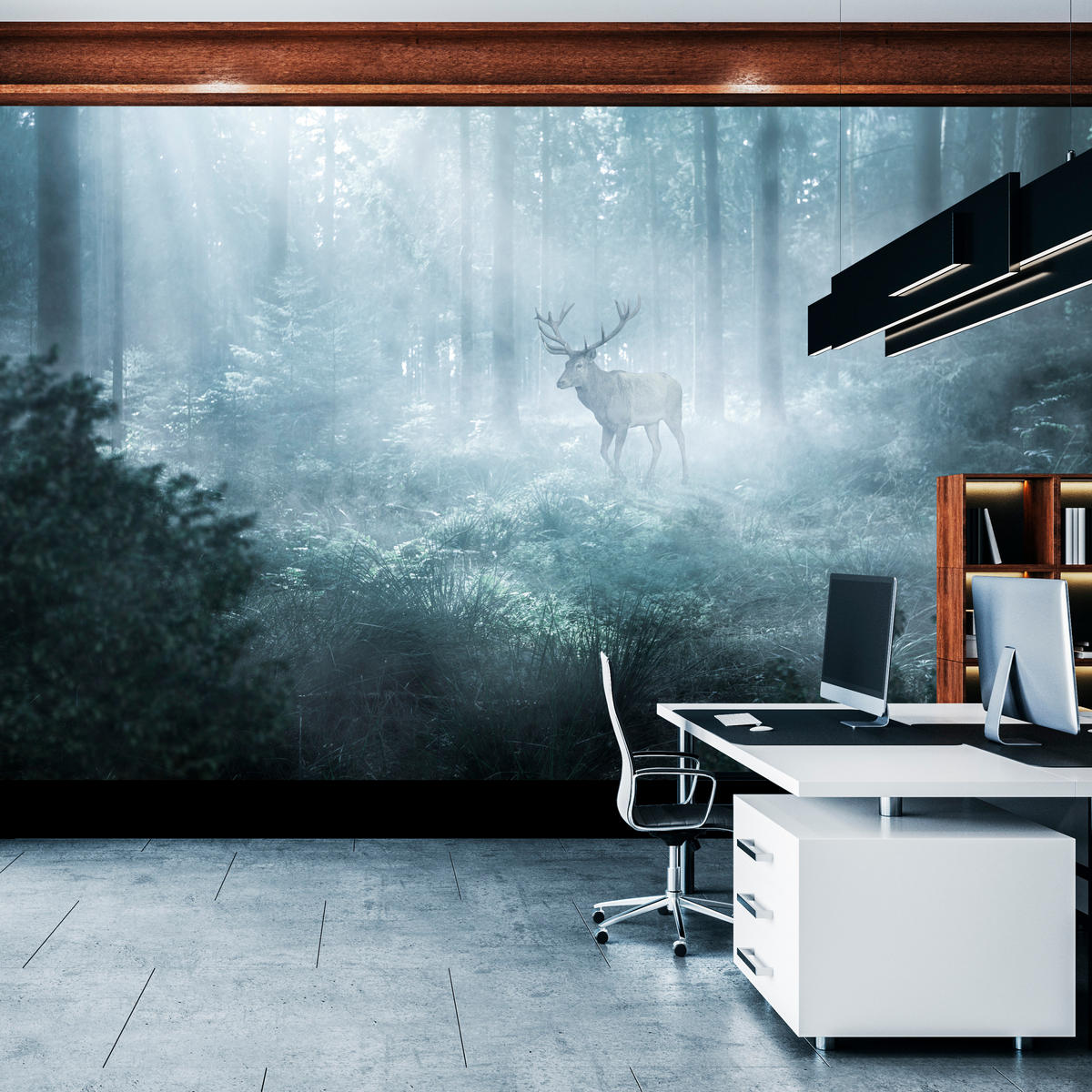 FOTOTAPETE für Wohnzimmer Hirsch Nebelwald Bäume Pflanzen 250x175 - Weiß/Grau, Papier (250/175cm) - Muralo