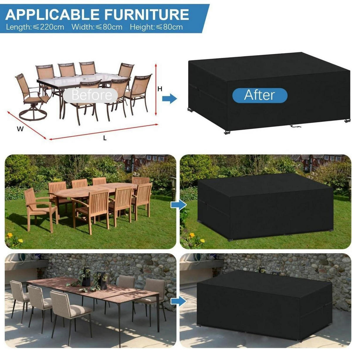 ABDECKUNG für Gartenmöbel 220 x 80 x 80 cm Wasserdicht - Schwarz, Textil (1/1/1cm)