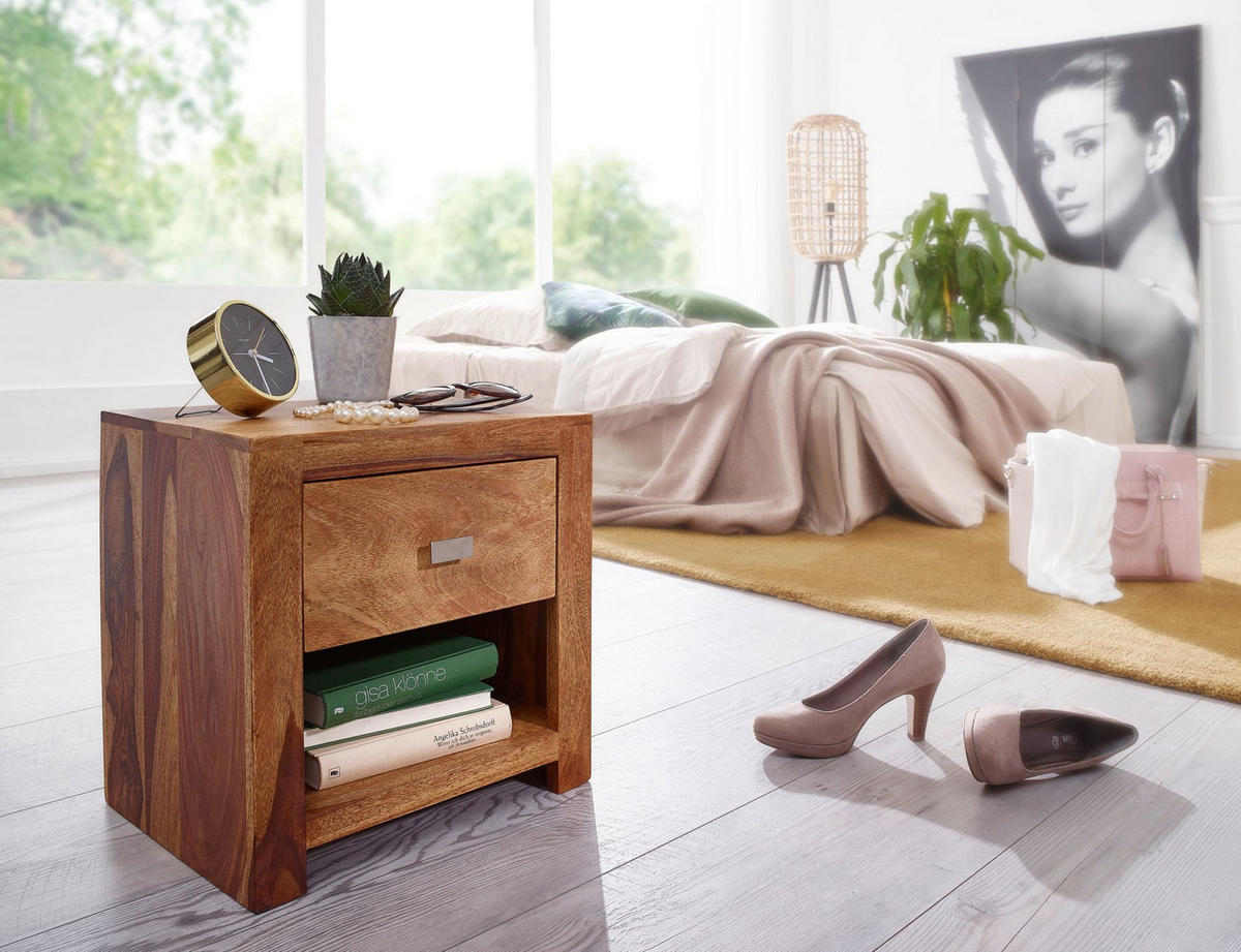 NACHTTISCH – Massivholz, Landhausstil, Ablage & Schublade, Griff verchromt - Braun, Holz/Metall (40/40/30cm) - KADIMA DESIGN