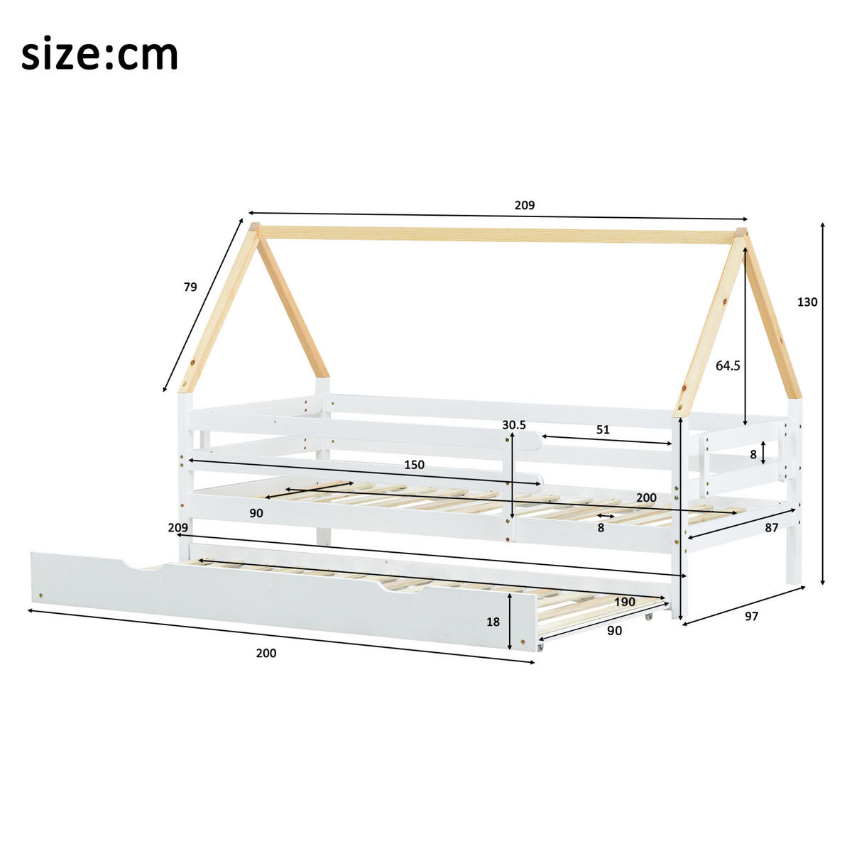 KINDERBETT 90/200 cm Weiß mit naturfarbenem Dachstuhl aus Massivholz - Weiß, Holz (90/200cm) - OKWISH
