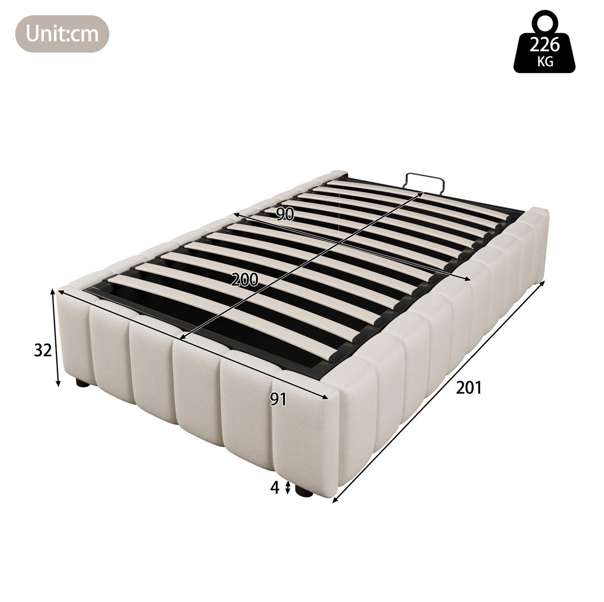 POLSTERBETT 90/200 cm Beige aus Leinen mit hydraulischem Stauraum - Beige, Textil (90/200cm) - OKMYHOME