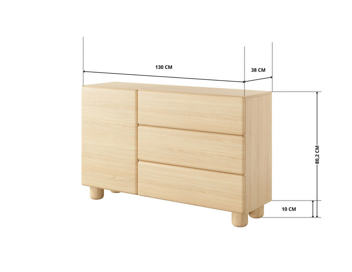SIDEBOARD CERVI E 130 cm Eiche Vicenza - mit 1 Tür, 3 Schubladen und abgerundeten Fronten - Eichefarben, Holz/Holzwerkstoff (130/80/38cm) - Ravio