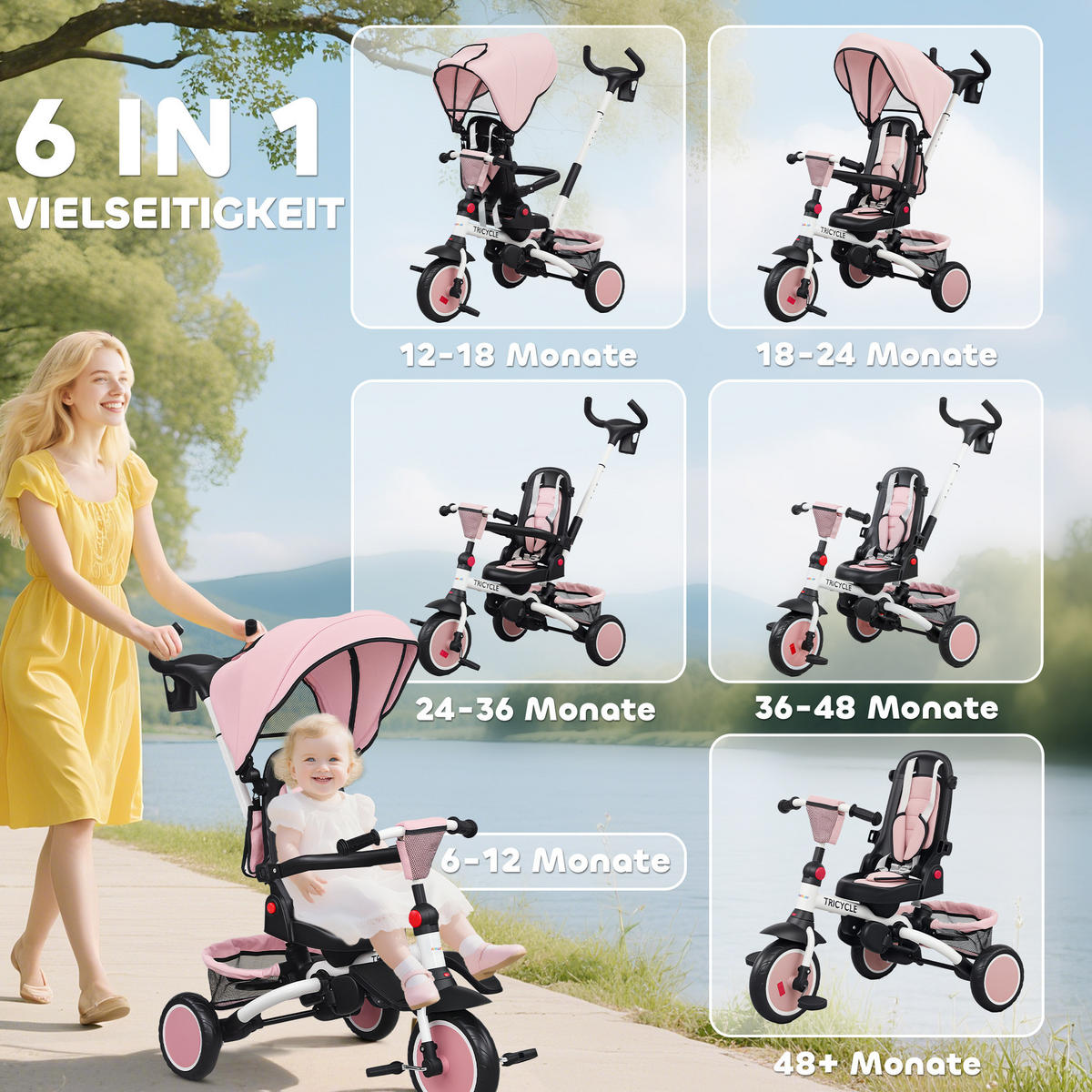 DREIRAD 6in1 mit Schubstange für 1-5 Jahre Kinderdreirad mit drehbarem Sitz Rosa - Rosa, Kunststoff (111.5/52/98cm) - AIYAPLAY