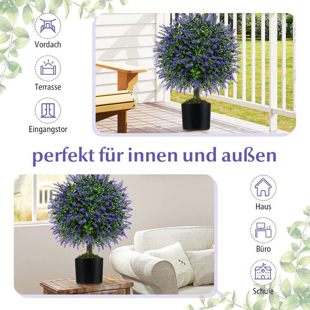 KUNSTPFLANZE mit lavendelfarbenen Blättern grün(2er-Set) - Grün, Kunststoff (58cm) - COSTWAY