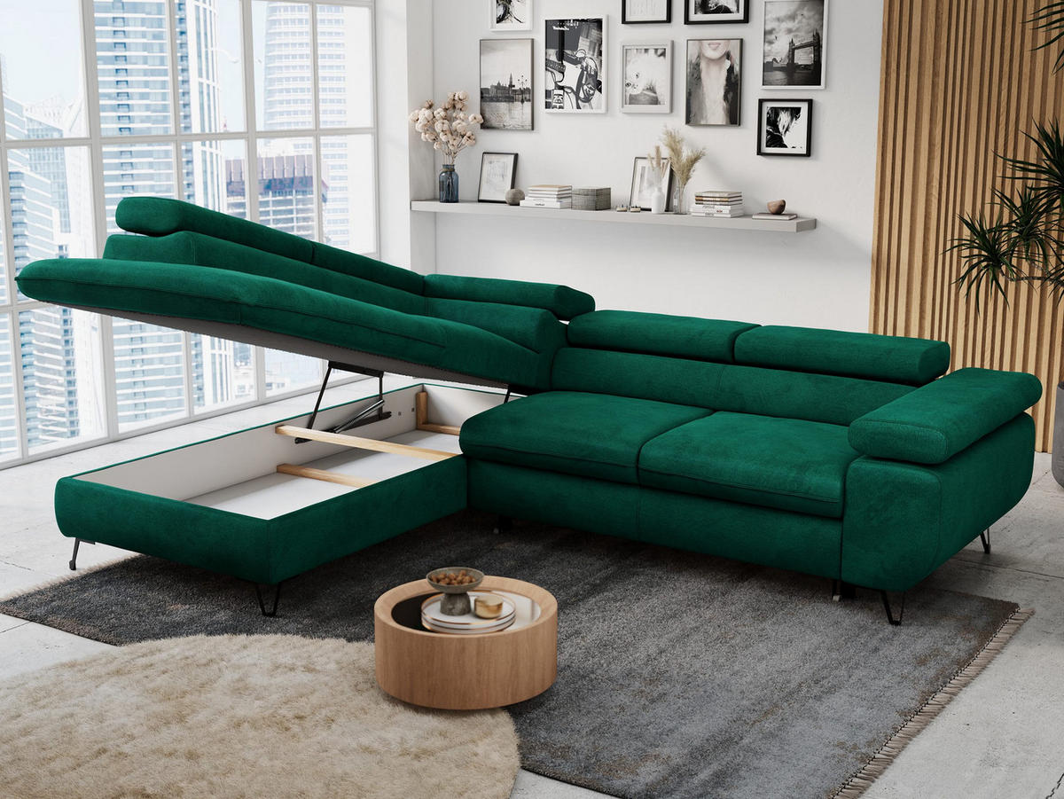 ECKSOFA PETER L Dunkelgrün Velvet - Links Seite - Dunkelgrün/Schwarz, Textil/Metall (208/273cm) - MKS
