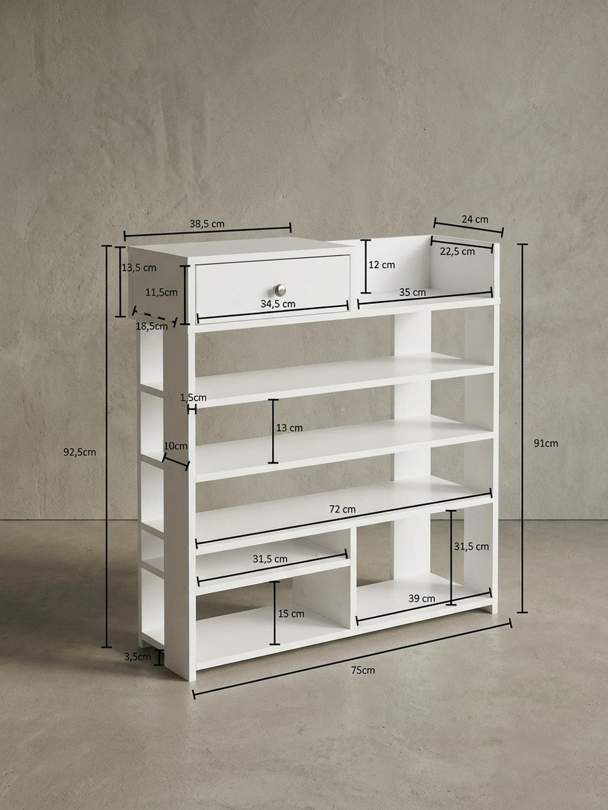 SCHUHREGAL – Weiß, 75x92,5x24 cm, 7 Fächer, mit Schublade, kompakt - Weiß, Holz/Metall (75/93/24cm) - KADIMA DESIGN