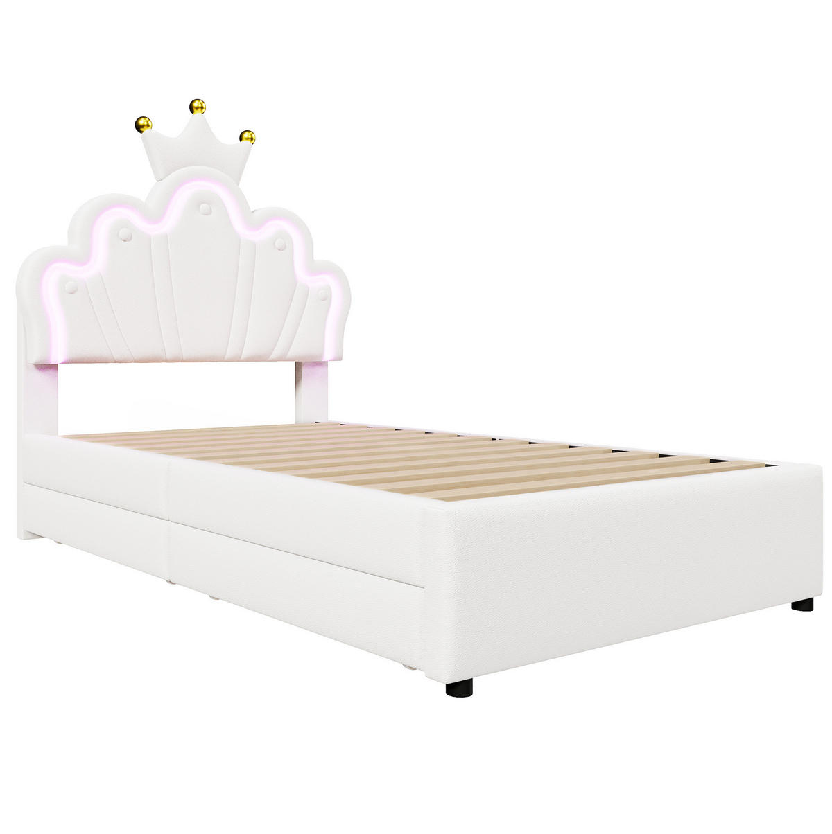 KINDEREINZELBETTEN aus Kunststoff 90x200 cm in Weiß mit LED-Beleuchtung & 2 Schubladen - Weiß, Leder (90/200cm) - Modfu