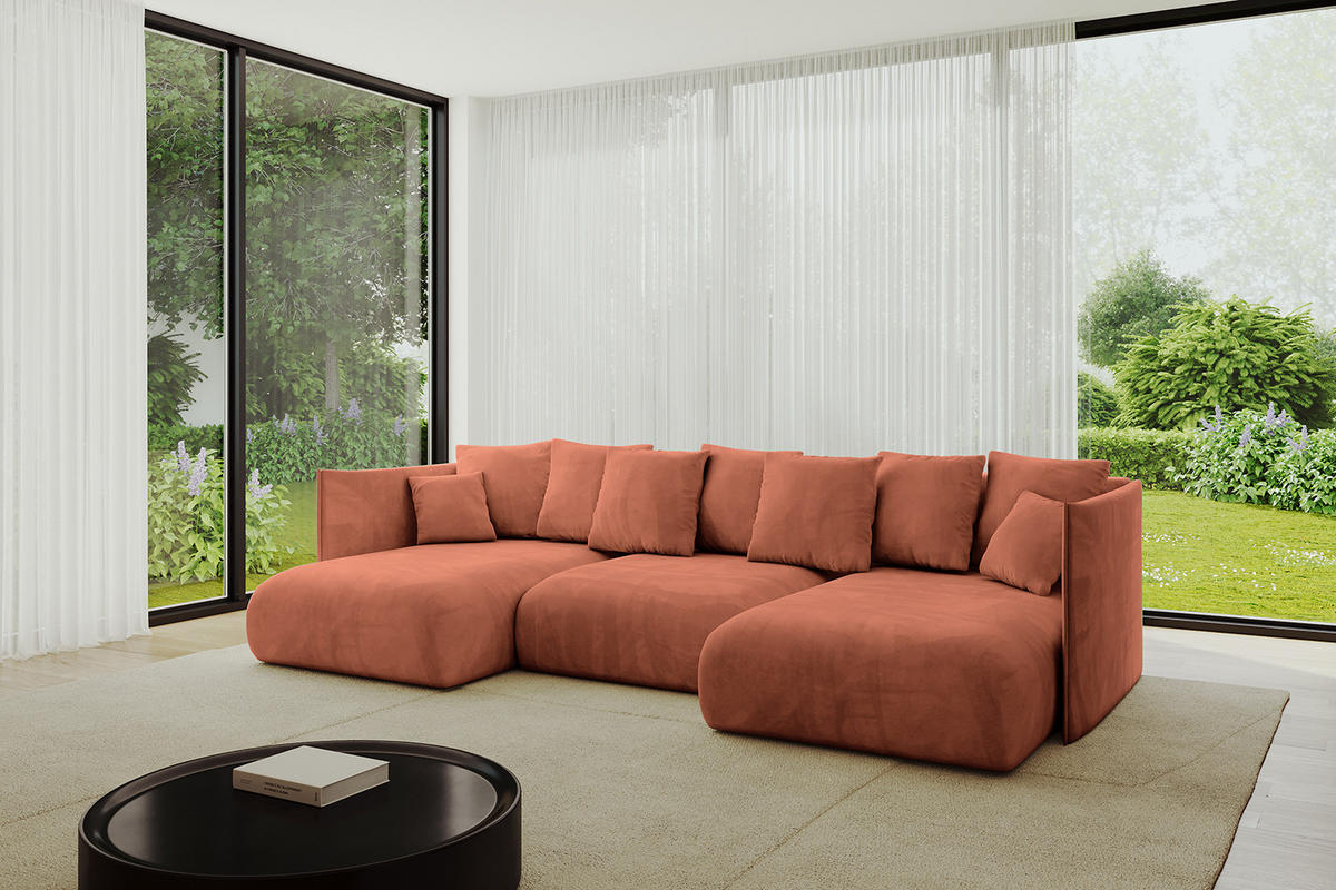 WOHNLANDSCHAFT mit Schlaffunktion und Bettkasten ONESK-U 304x165x40 Apricot Velours - Koralle, Holzwerkstoff/Kunststoff (304/90/165cm) - ALTDECOR