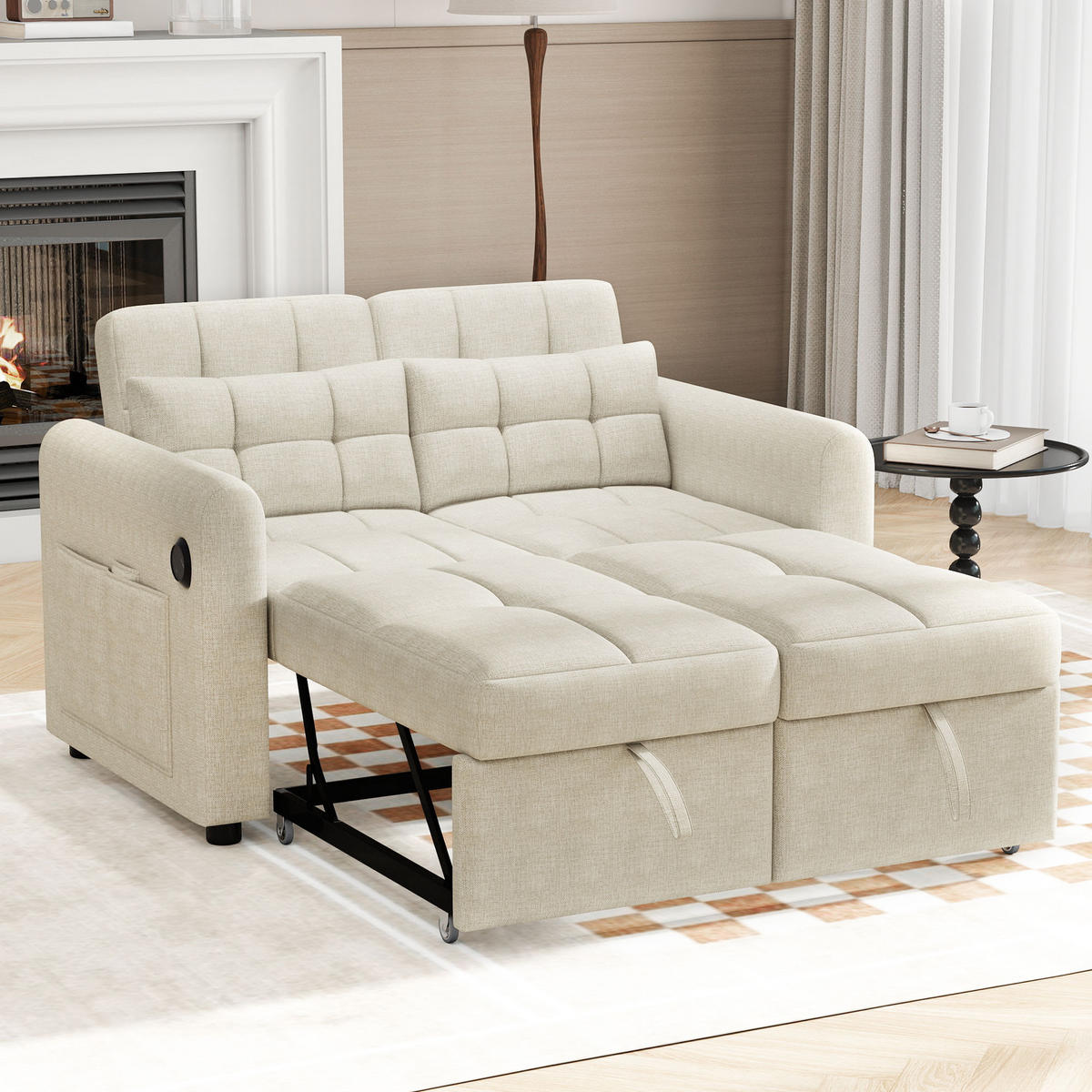 SCHLAFSOFA 3-in-1 mit USB, Armlehnentaschen und Kissen - Beige, Textil (142/83/85cm)