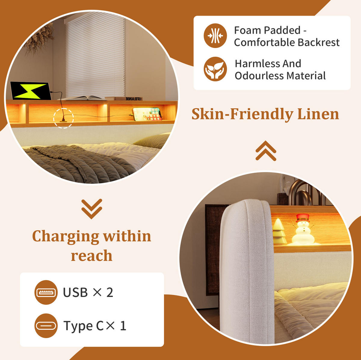 POLSTERBETT 140/190 cm Beige aus Leinen mit LED und Schubladen - Beige, Textil (140/190cm) - OKMYHOME