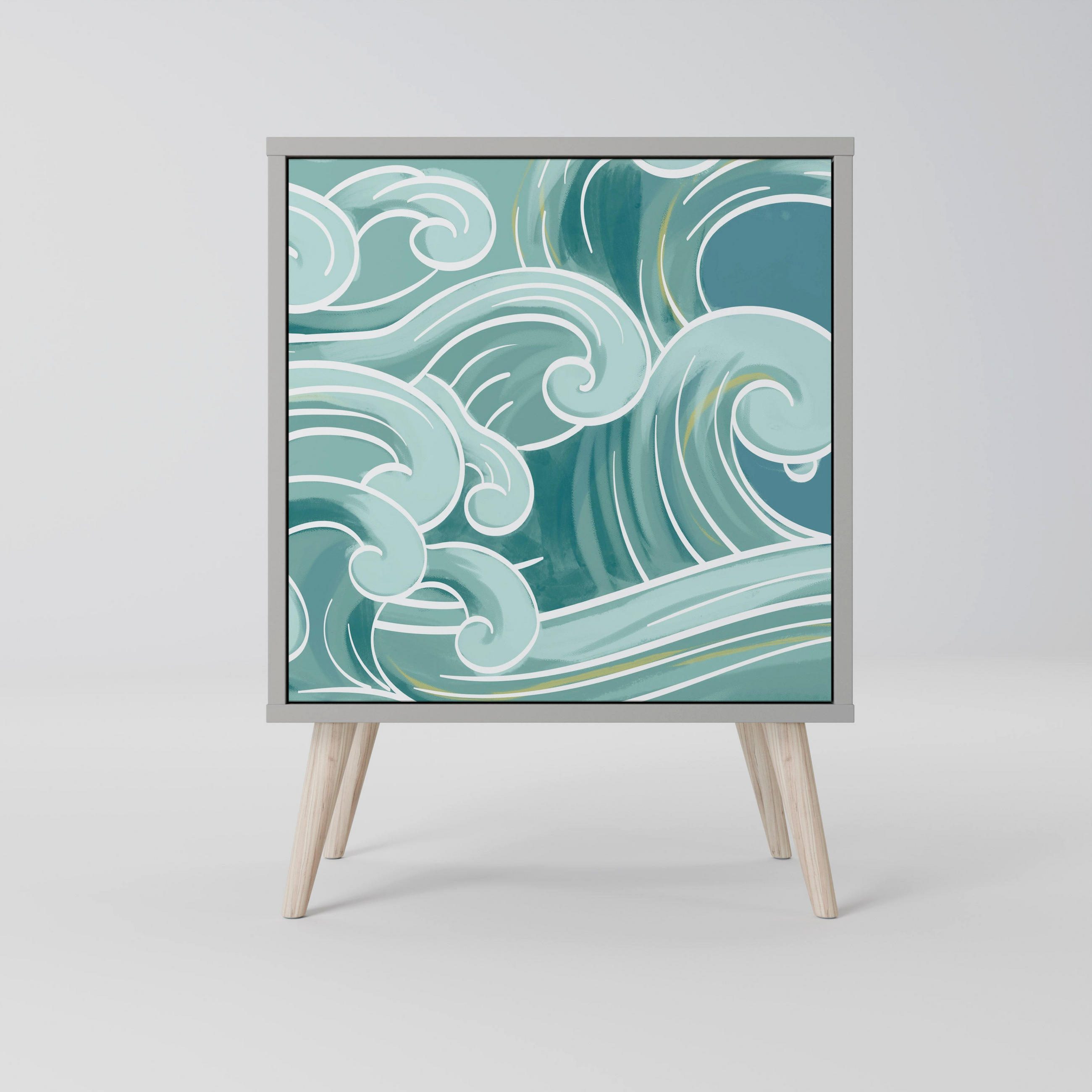 SIDEBOARD ASIAN SWAY, Grau, 57,5x42x77,5 cm, Schräge Buchenholzfüße - Buchefarben/Multicolor, Holzwerkstoff/Buchenholz (57.5/77.5/42cm) - SpaceRebels