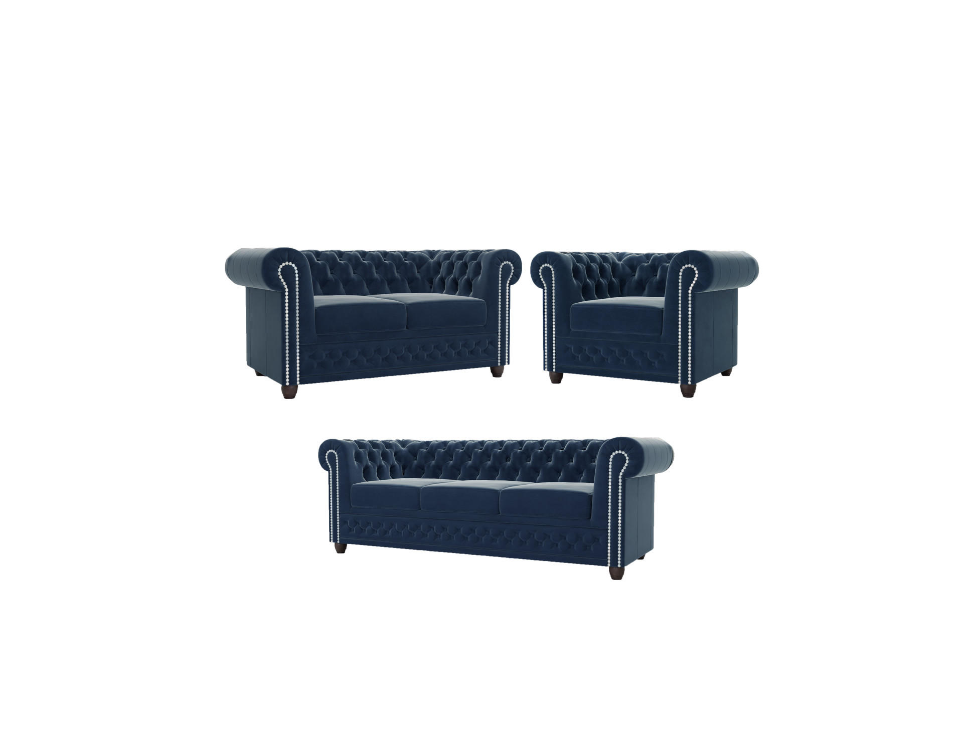 SITZGARNITUR mit Schlaffunktion 3+2+1 Chesterfield Nyx Marineblau Samt - Dunkelblau/Braun, Holz/Textil (203/72/86cm) - S-Style Möbel