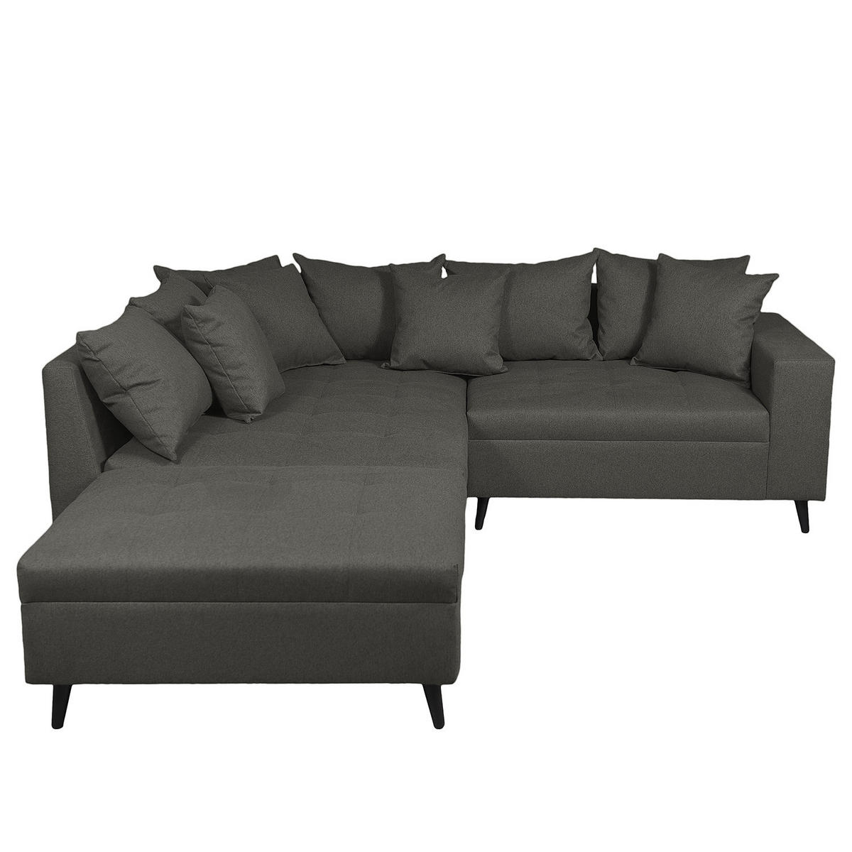 ECKSOFA mit Ottomane und Hocker - Schwarz/Grau, Birkenholz/Textil (247/174cm) - home24