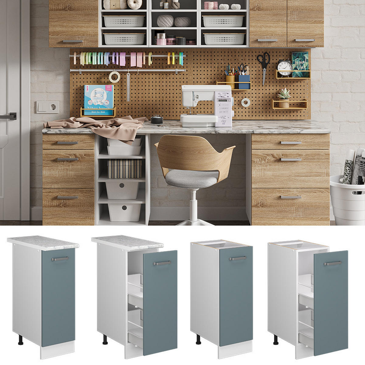 UNTERSCHRANK R-Line Blau-Grau 30 cm mit Tür, ohne AP - Blaugrau/Weiß, Holzwerkstoff (30/81.6/46cm) - Vicco