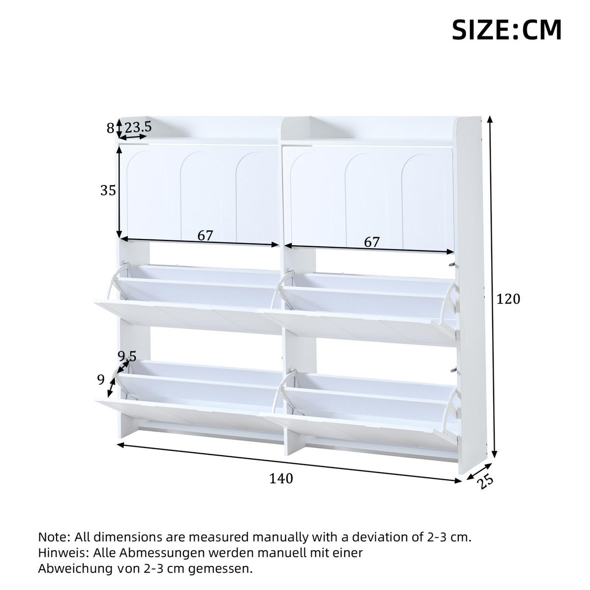 SCHUHSCHRANK aus MDF 140x25x120cm in Weiß mit 6 Klapptüren - Weiß, Holzwerkstoff (140/120/25cm) - Modfu