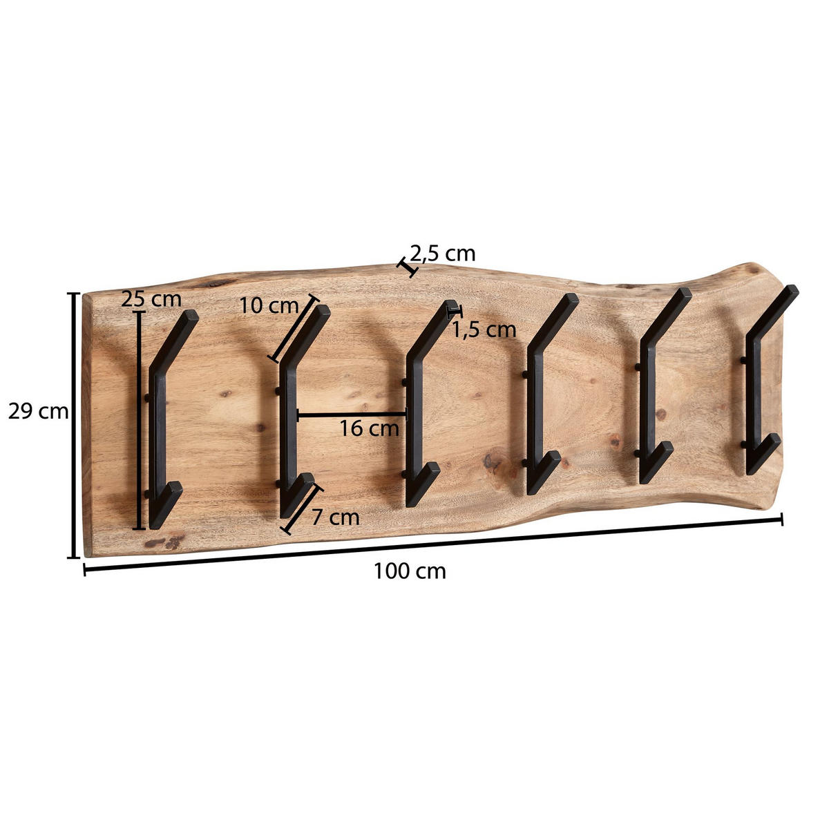 WANDGARDEROBE Akazie Massivholz Metall Modern 100x29x12,5 cm mit Baumkante - Beige, Holz (100/29/13cm) - KADIMA DESIGN
