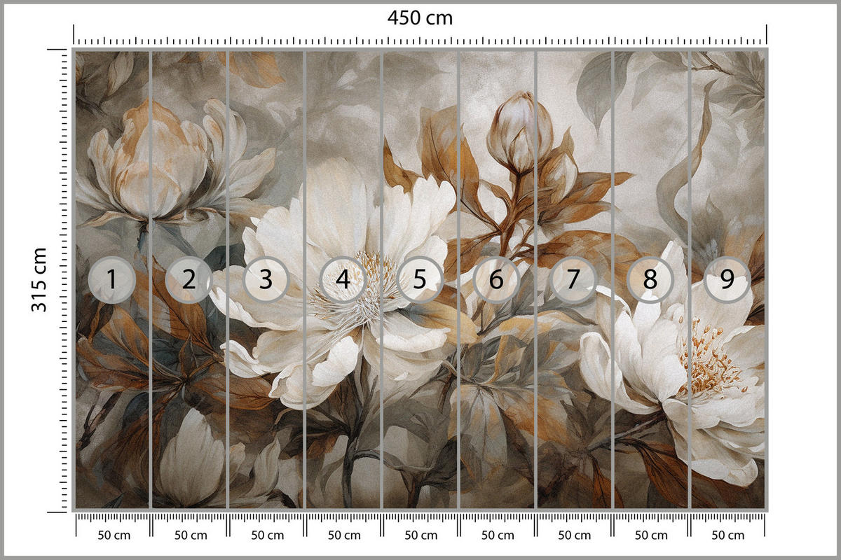 FOTOTAPETE für Wohnzimmer Blätter Abstrakte Blüten Pflanzen Retro 450x315 - Grau, Papier (450/315cm) - Muralo
