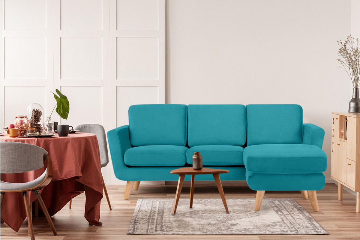 ECKSOFA-RECHTS TAGIO 3/4 Sitzer, blau - Türkis/Braun, Buchenholz/Textil (190/151cm) - KONSIMO®