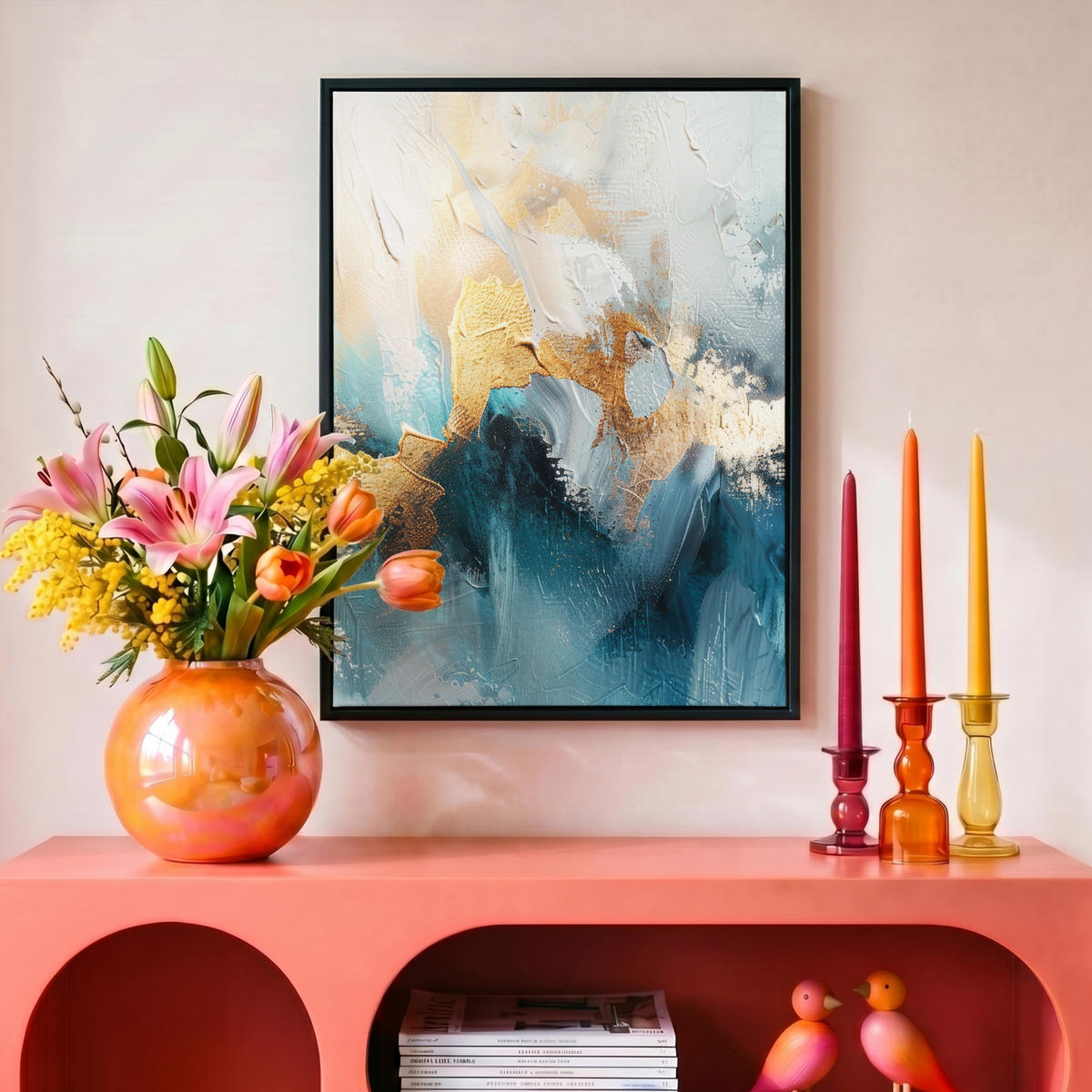 LEINWAND Bilder mit Rahmen - Abstrakt - Kunst - Gold - Blau - 30x40 - Petrol, Textil (30/40cm) - MuchoWow