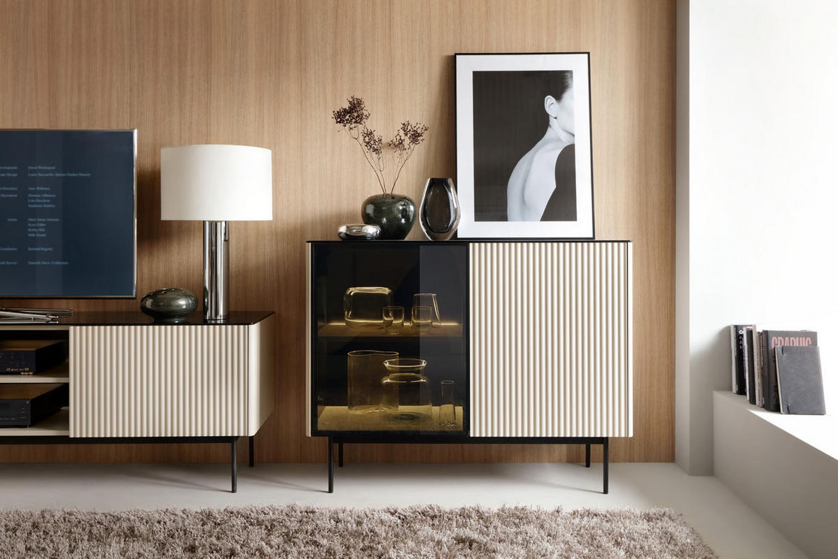 SIDEBOARD DIJON K107 107 cm (Kaschmir, Glasplatte, Antisol-Glas, LED) - Kaschmir/Schwarz, Glas/Holz (107/84/39cm) - Ravio