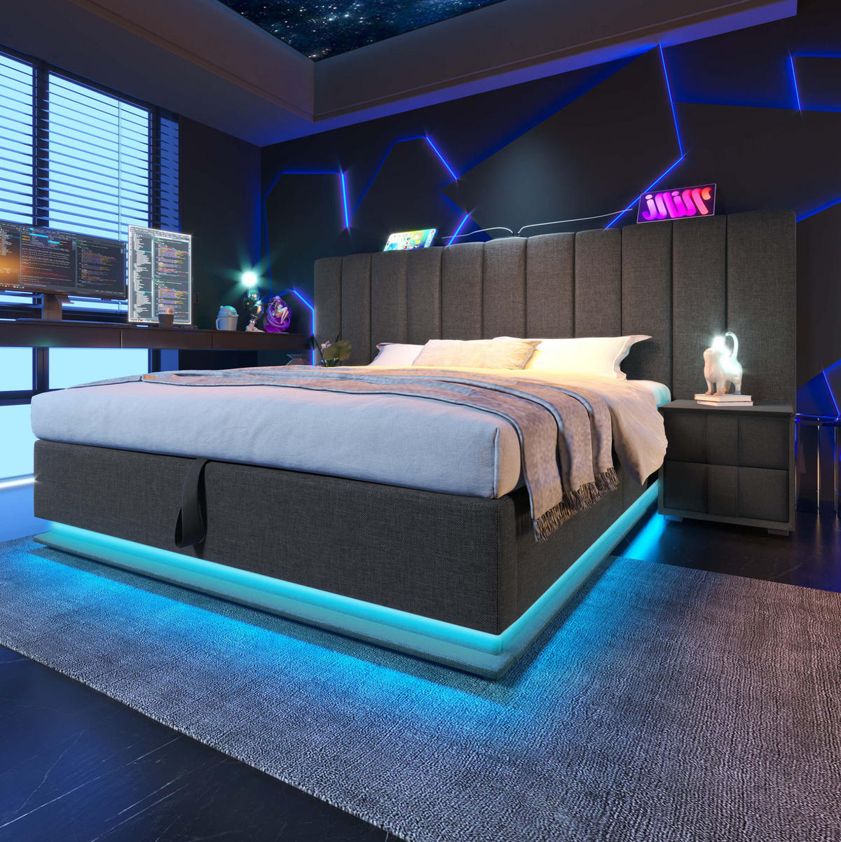 POLSTERBETT mit Stauraum LED und Ladefunktion 160x200 cm Leinen Grau - Grau, Metall (160/200cm) - Meubliv