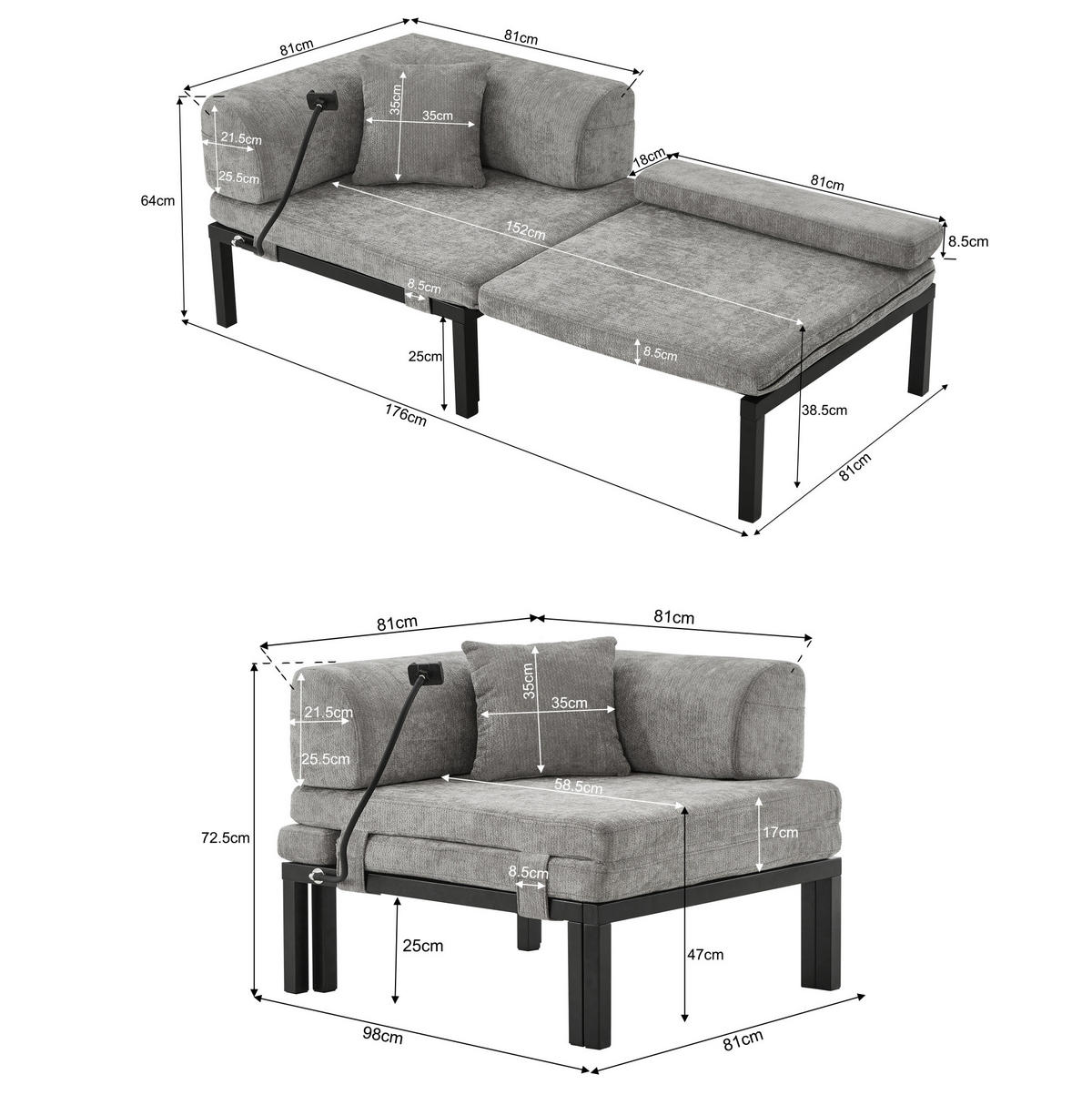 SCHLAFSOFA klappbar mit Ausziehbett Samt Hellgrau - Hellgrau, Holz (81/64/176cm) - Meubliv
