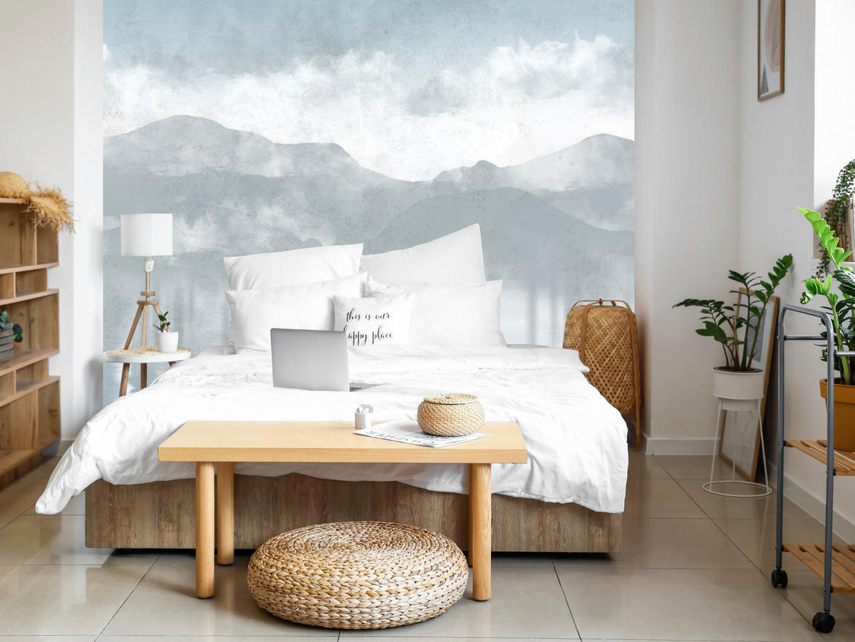 FOTOTAPETE für Schlafzimmer Blaue Berglandschaft Nebel Modern Vintage Himmel 500x350 - Grau, Papier (500/350cm) - Muralo