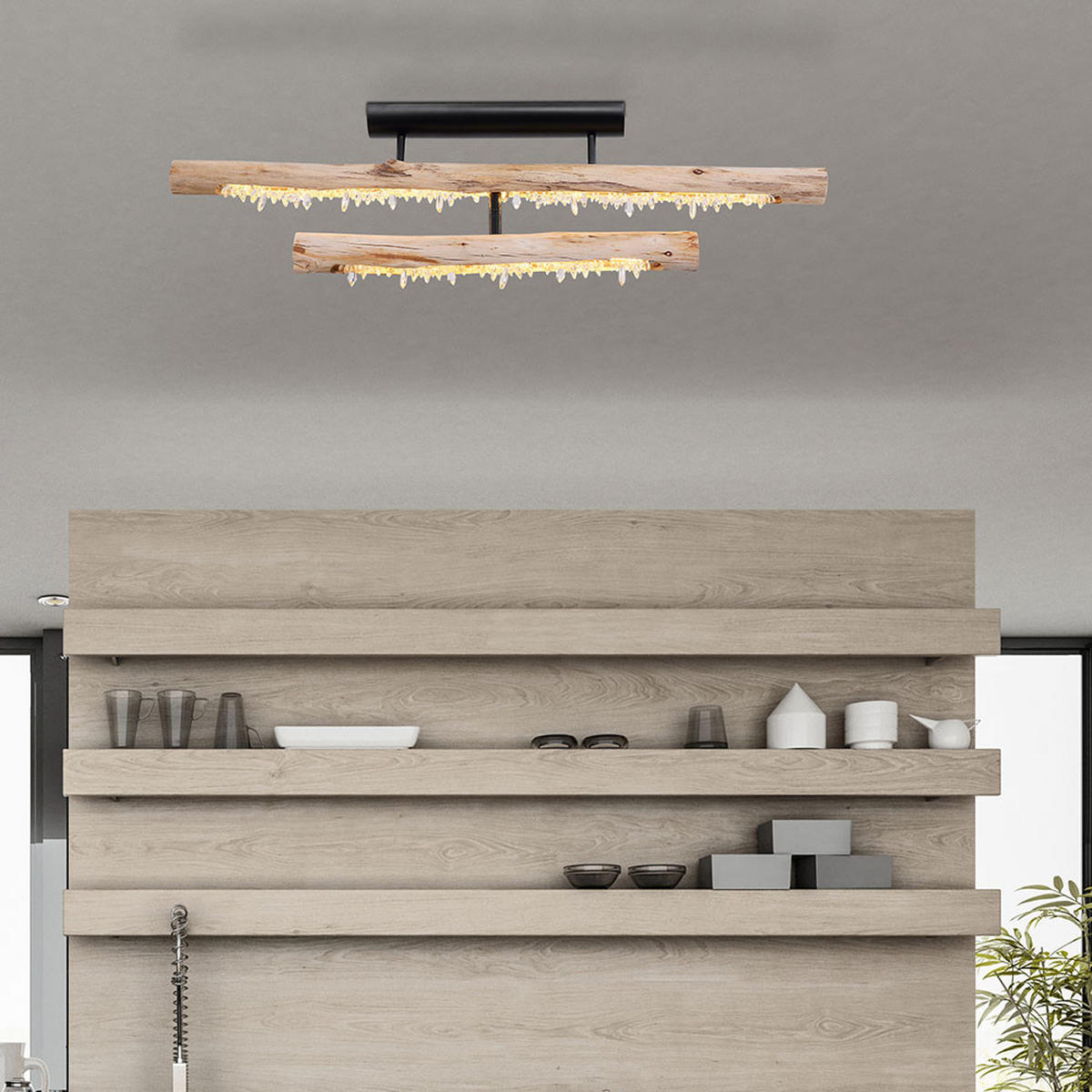 LED DECKENLEUCHTE Felicitas Schwarz Kristalloptik - Schwarz, Holz (100/8/30cm) - Globo Lighting