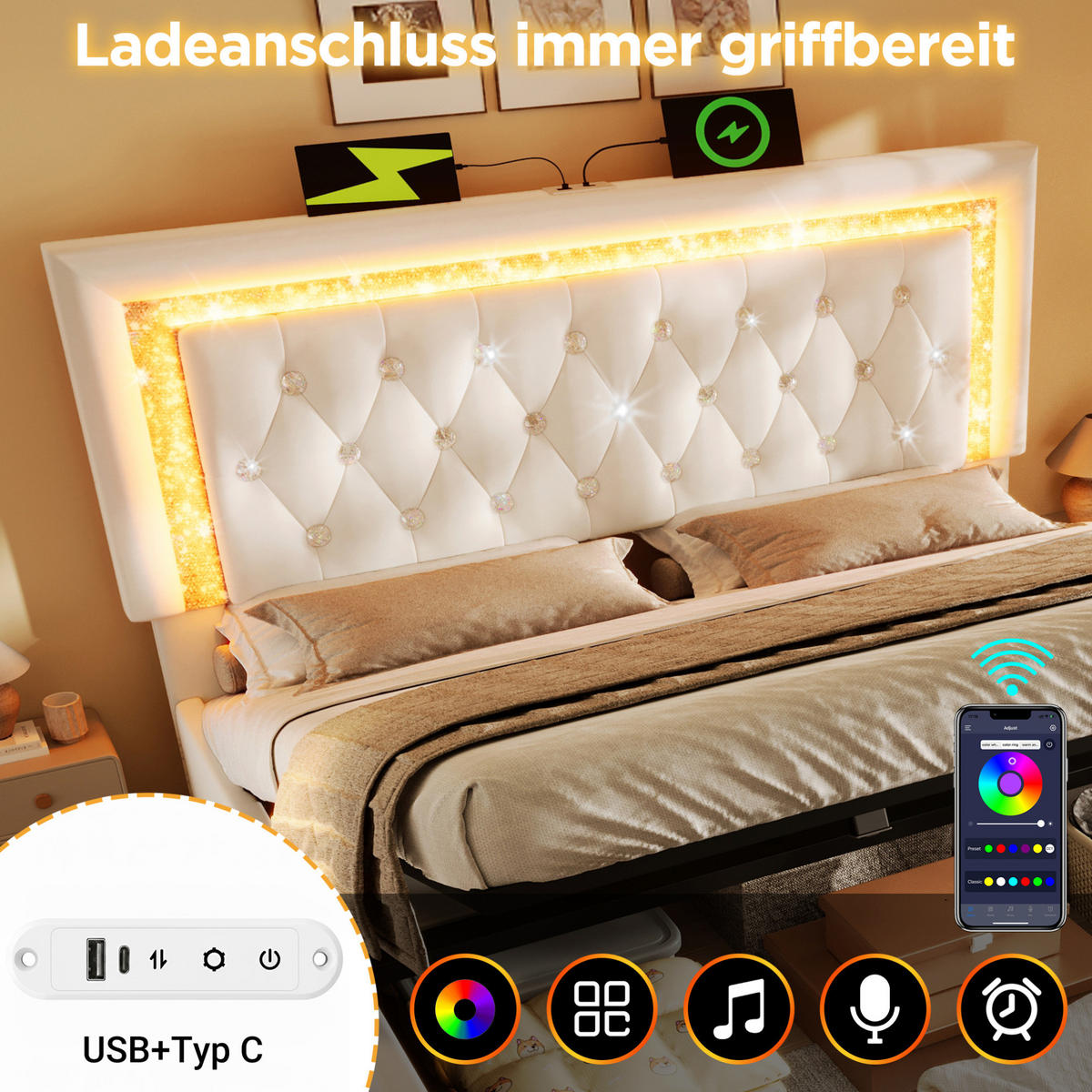 POLSTERBETT 180/200 cm aus Samt mit LED Stauraum und Kopfteil mit Steckdose Grau - Grau, Textil (180/200cm) - Modenvie