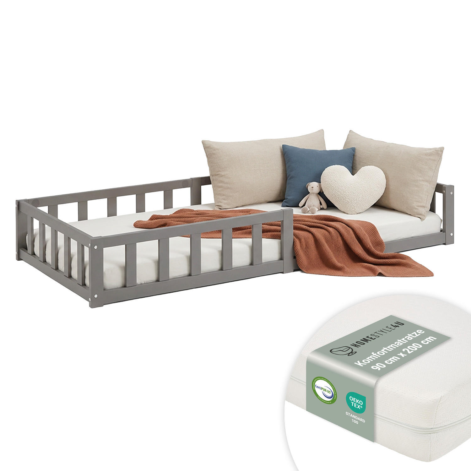 Homestyle4u Bodenbett Grau 90x200 cm