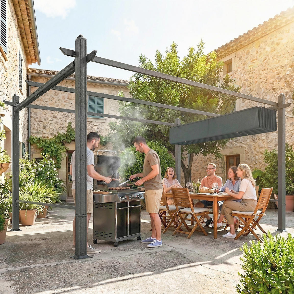 PERGOLA 3 x 4 m Terrassenüberdachung mit Schiebedach, automatisch einziehbaren Rollos, UV50+ Aluminiumrahmen - Dunkelgrau, Metall (392/225/297cm)