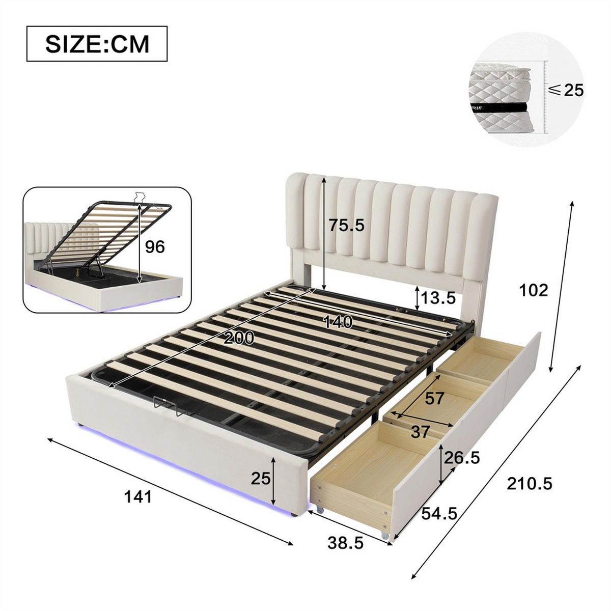 POLSTERBETT 140x200 cm mit hydraulischem Stauraum - 3 Schubladen & LED-Beleuchtung - Beige - ohne Matratze - Beige, Textil (140/200cm) - DELFA