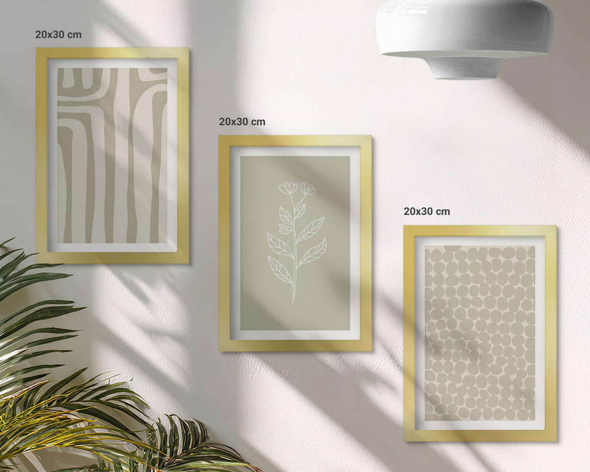 BILDER SET 3er Set - 20x30 cm Goldrahmen - Geometrische Pflanzenmuster - Goldfarben, Kunststoff (20/30cm) - TULUP