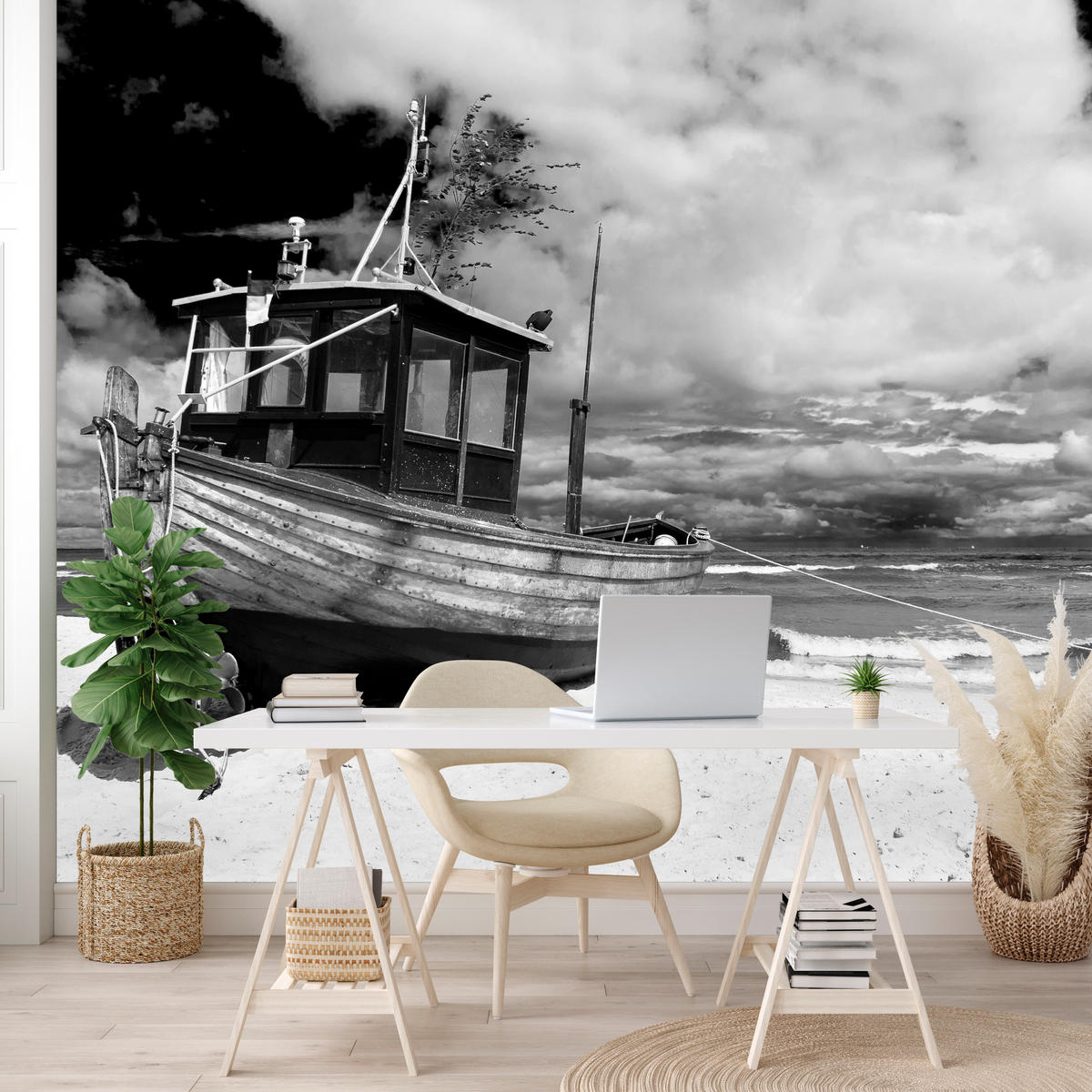 FOTOTAPETA Pre Obývaciu Izbu Čierno-Biela Loď Pláž More 450 x 315 cm - čierna/sivá, papier (450/315cm) - Muralo