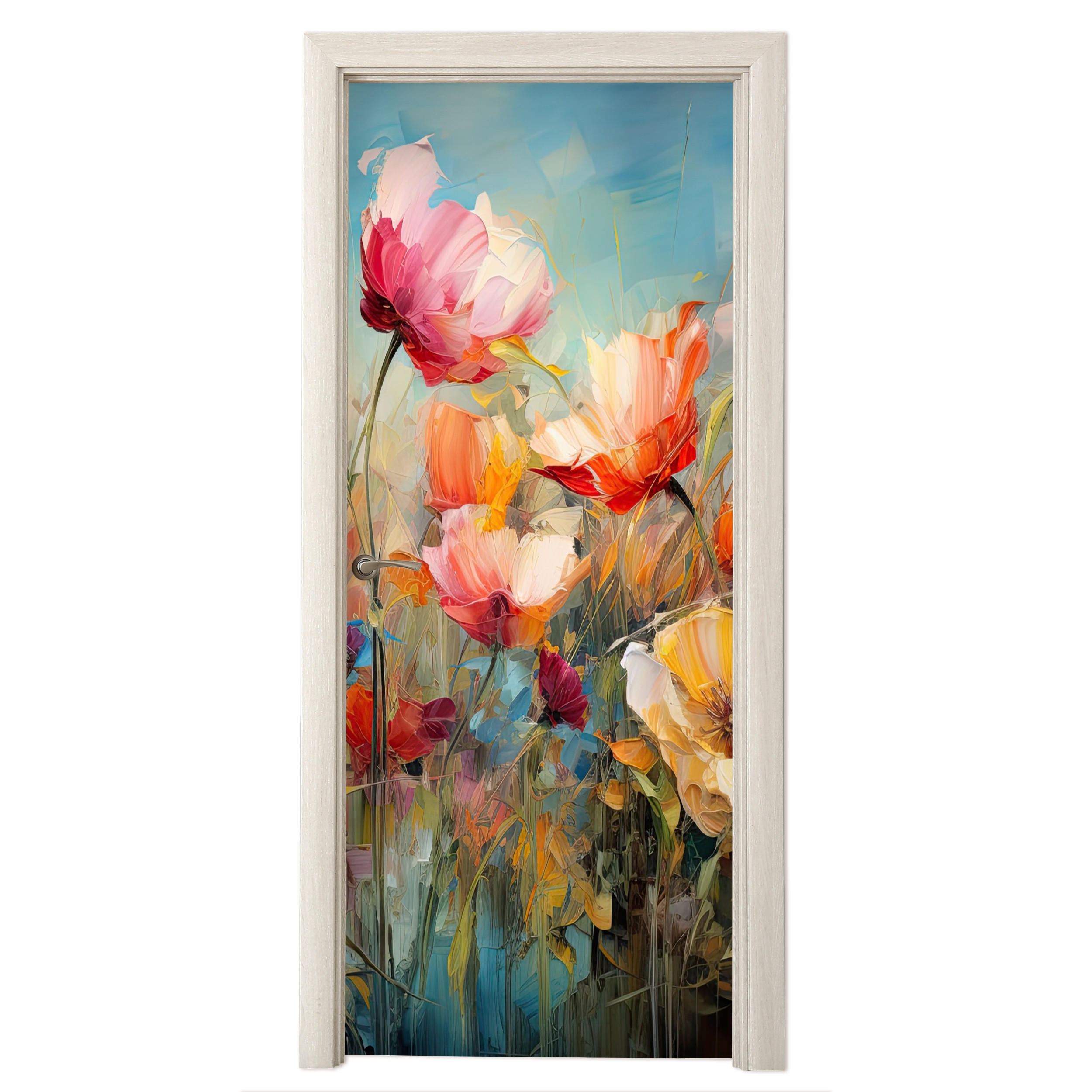 NÁLEPKA NA DVERE Kvety - Akvarel - Umenie - Botanické - Príroda 90x215 cm - oranžová, plast (90/0.1cm) - MuchoWow