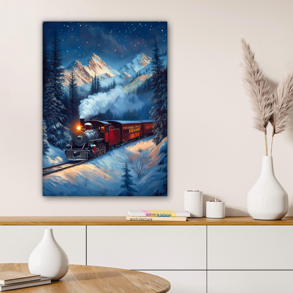 LEINWANDBILD Zug - Weihnachten - Schnee - Weihnachtszug 60x80 cm - Anthrazit, Textil (60/80cm) - MuchoWow