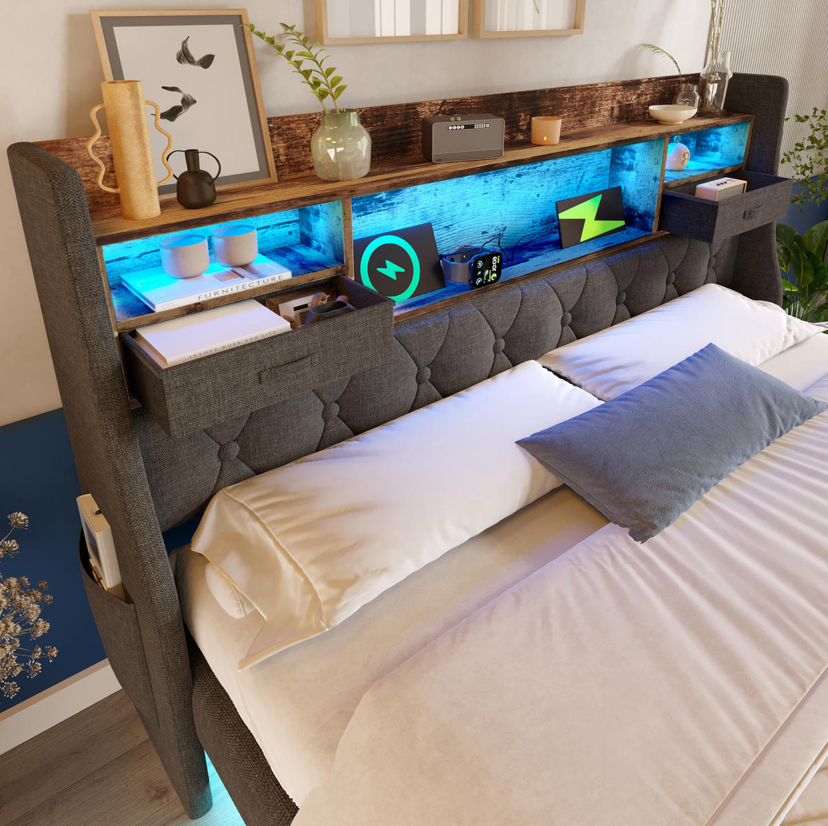 POLSTERBETT 160/200 cm Grau aus Leinen mit LED und Ladestation - Grau, Textil (160/200cm) - OKMYHOME