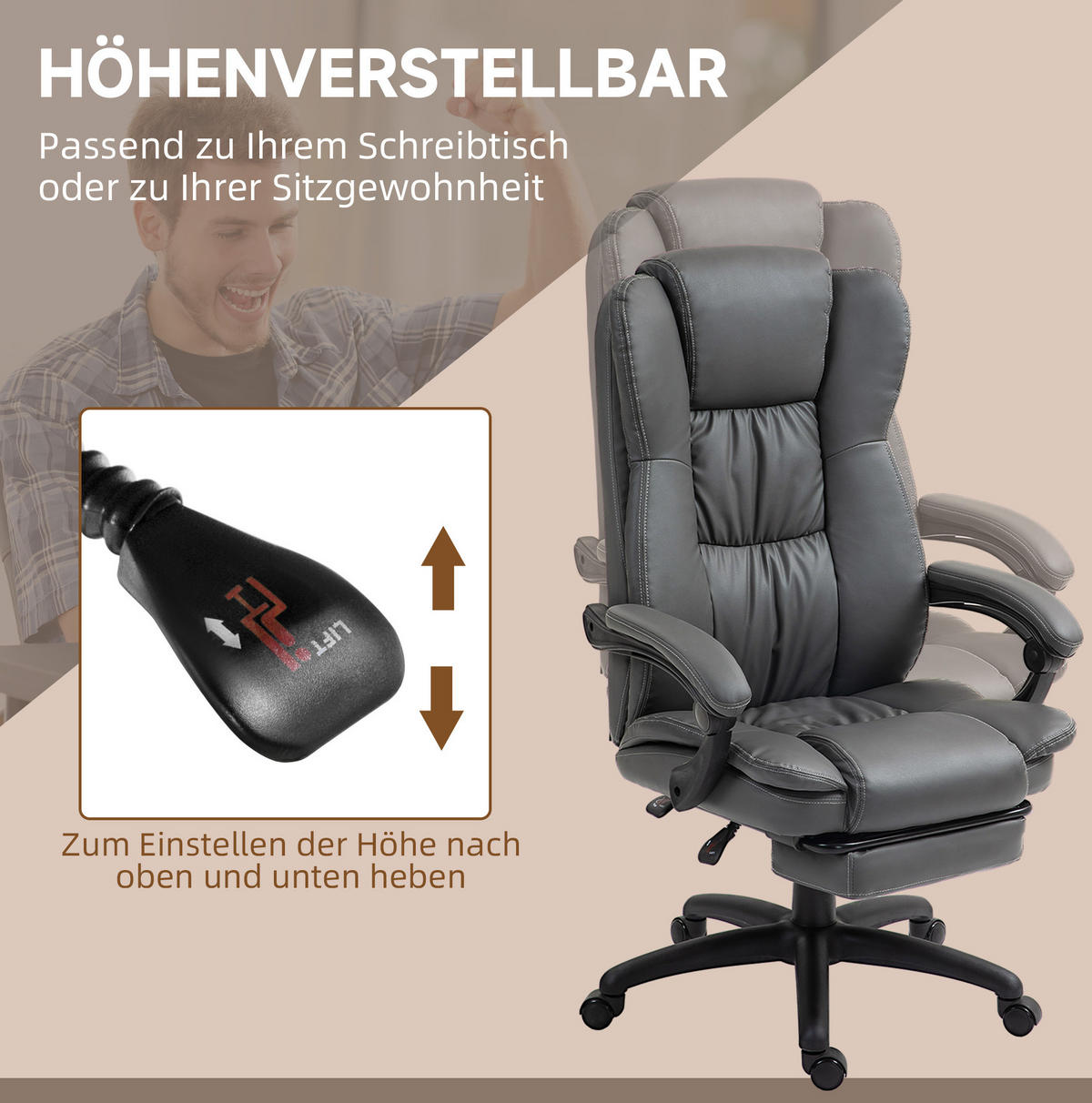 DREHSTUHL 68,5/68,5/113-121 cm dunkelgrau aus Kunstleder mit Massagefunktion und Fußstütze - Dunkelgrau, Leder (68.5/121/68.5cm) - OKWISH