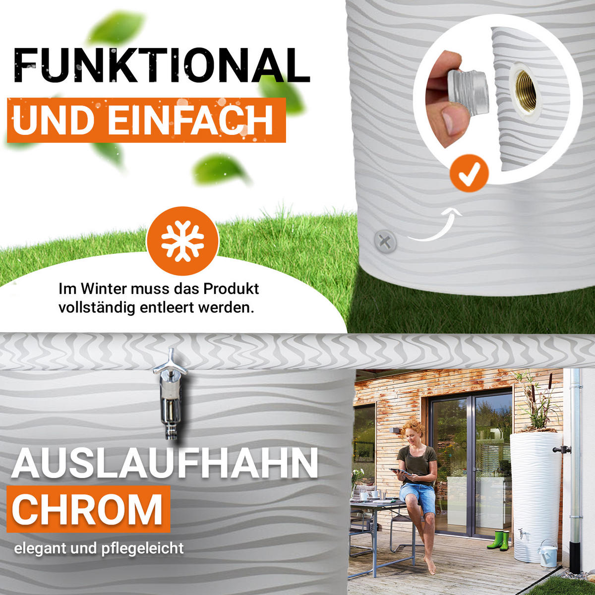 2IN1 Regentonnen Komplett-Set 350 L arctic inkl. Design Chrom-Auslaufhahn und Fallrohranschluss - Weiß, Kunststoff (62/150/80cm) - GARANTIA