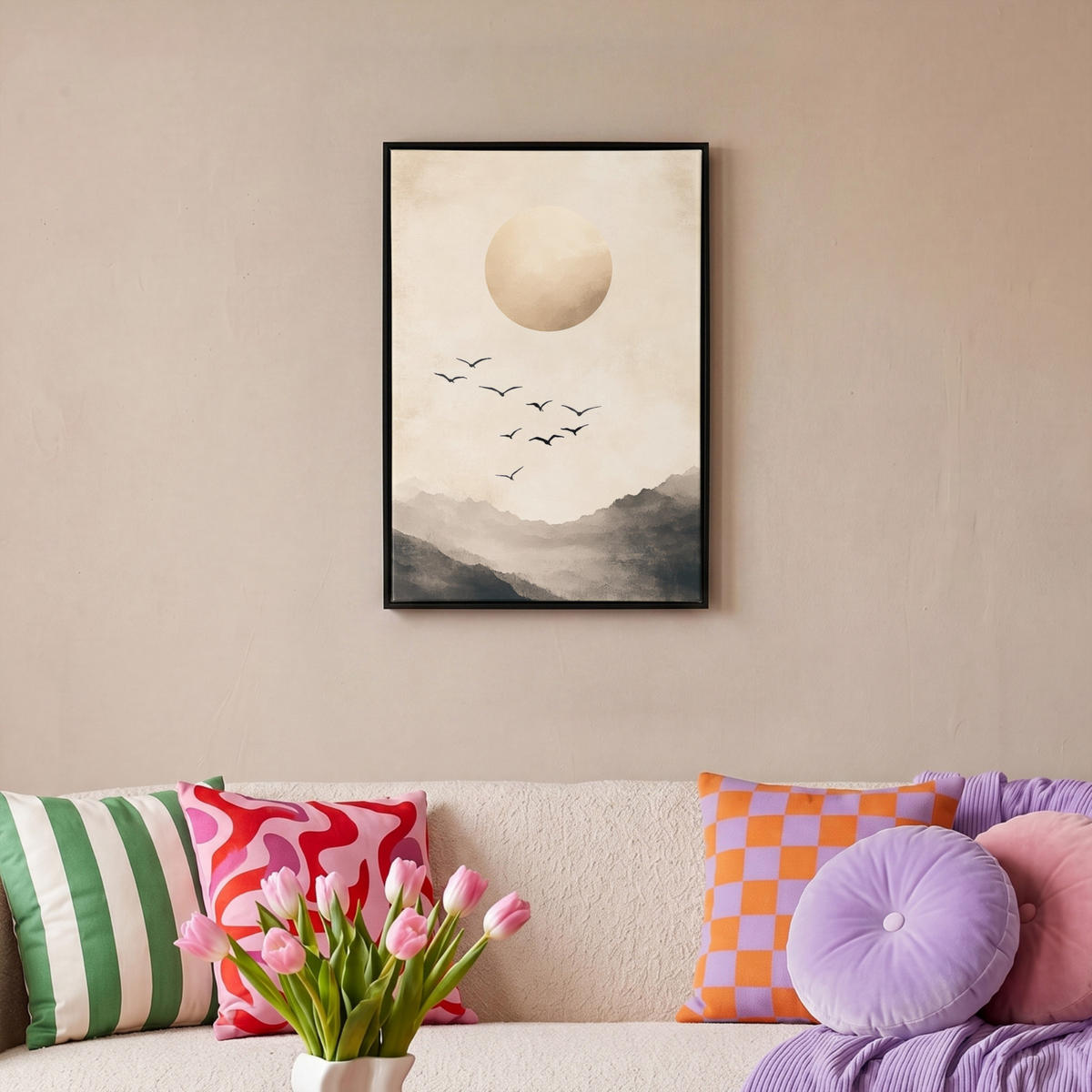 LEINWAND Bilder mit Rahmen - Landschaft - Japandi - Vogel - 40x60 - Beige, Textil (40/60cm) - MuchoWow