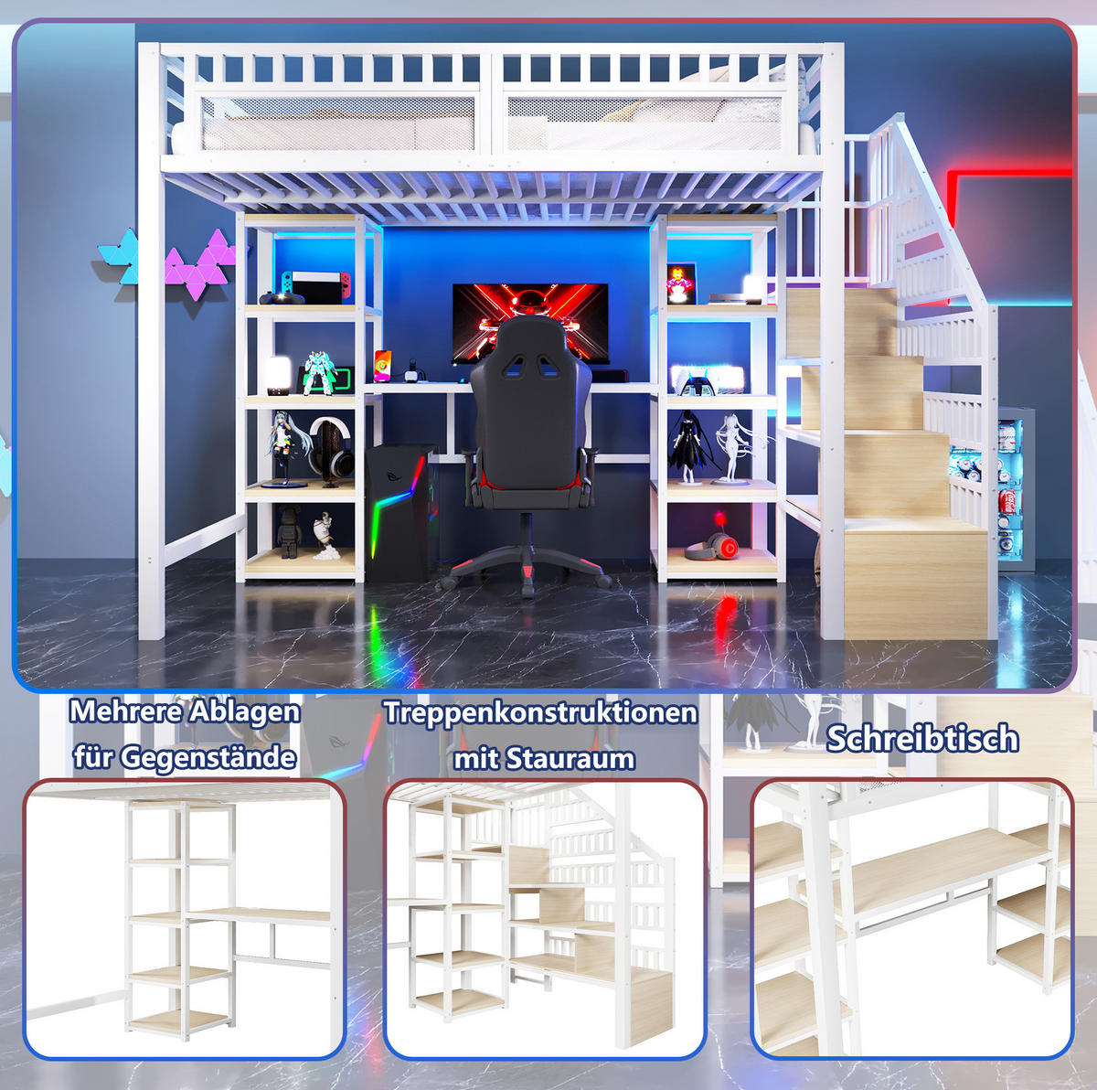 HOCHBETT 140/200 cm Weiß mit Schreibtisch und LED-Beleuchtung aus Metall - Weiß, Metall (140/200cm) - OKWISH