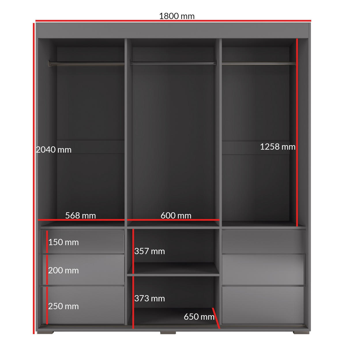SCHIEBETÜRENSCHRANK mit Schubladen und Spiegel Torino 3D1L 180 Grau (Lacobel) - Silberfarben/Grau, Holzwerkstoff/Metall (180/204/65cm) - mzm24