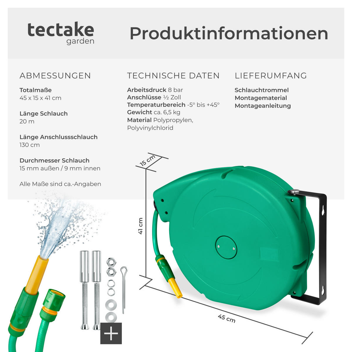SCHLAUCHTROMMEL ,inklusive Wasserspritze und Montagematerial,grün - Grün, Textil (15/41/45cm) - tectake