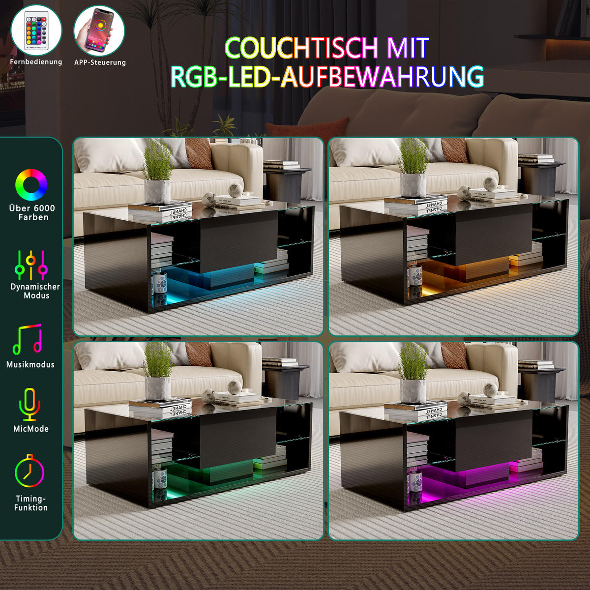 COUCHTISCH mit LED, Hochglanz Wohnzimmertisch, Schwarz 100x50x35 cm - Schwarz, Holz (50/100/35cm)